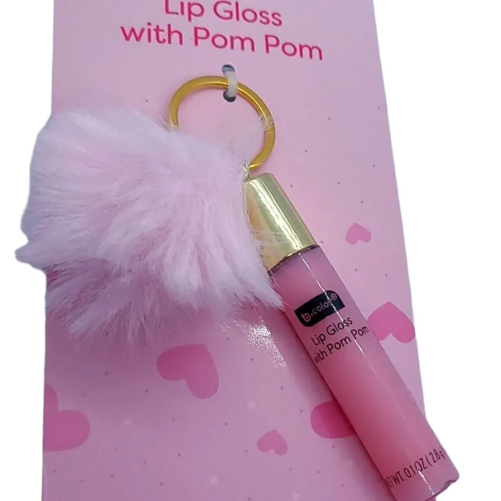 NEW Lip Gloss & Pom Pom Keychain ❤️ Shimmer Pink Furry Ball Backpack Purse Clip